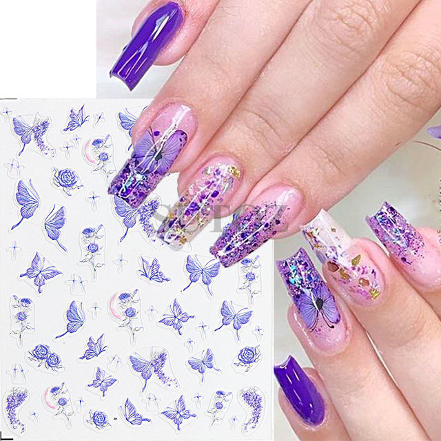 Purple Butterfly 3D Nail Art Sticker Spring Flowers Stars Moon Design  Adhesive Transfer Sliders Charms Manicures Decor LETB-151
